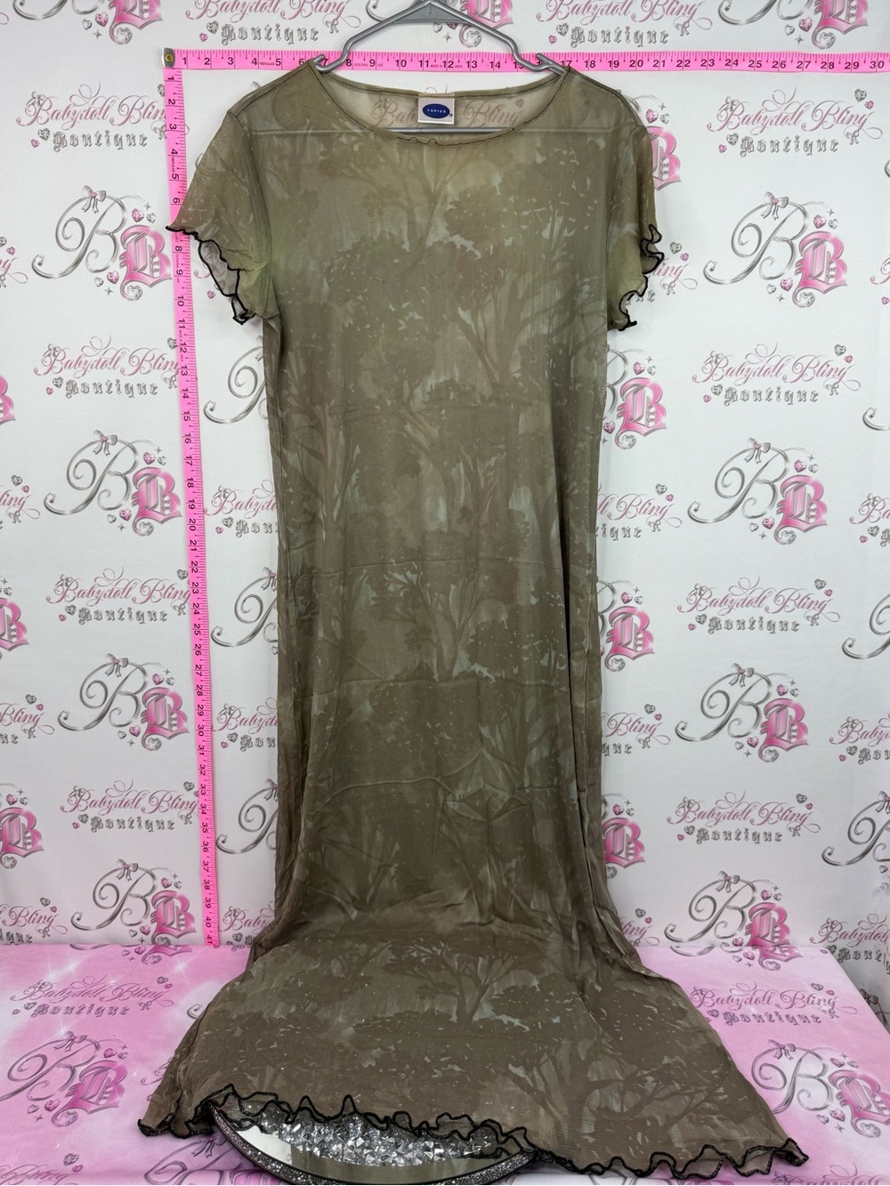 Topics dress long Sheer Olive Green Maxi Dress with Ruffled Trim